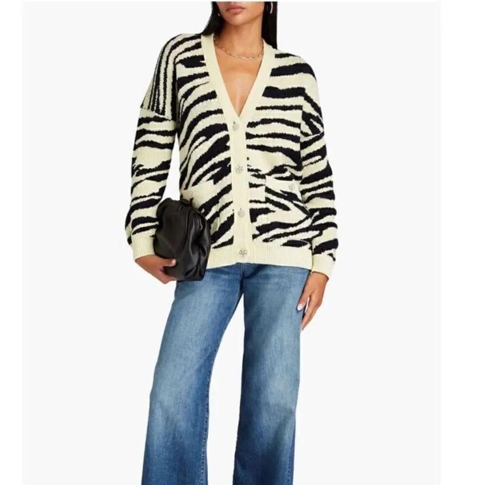 Maje Women’s Pale Yellow Zebra Printed Oversized Slouchy Glitzy Button Cardigan